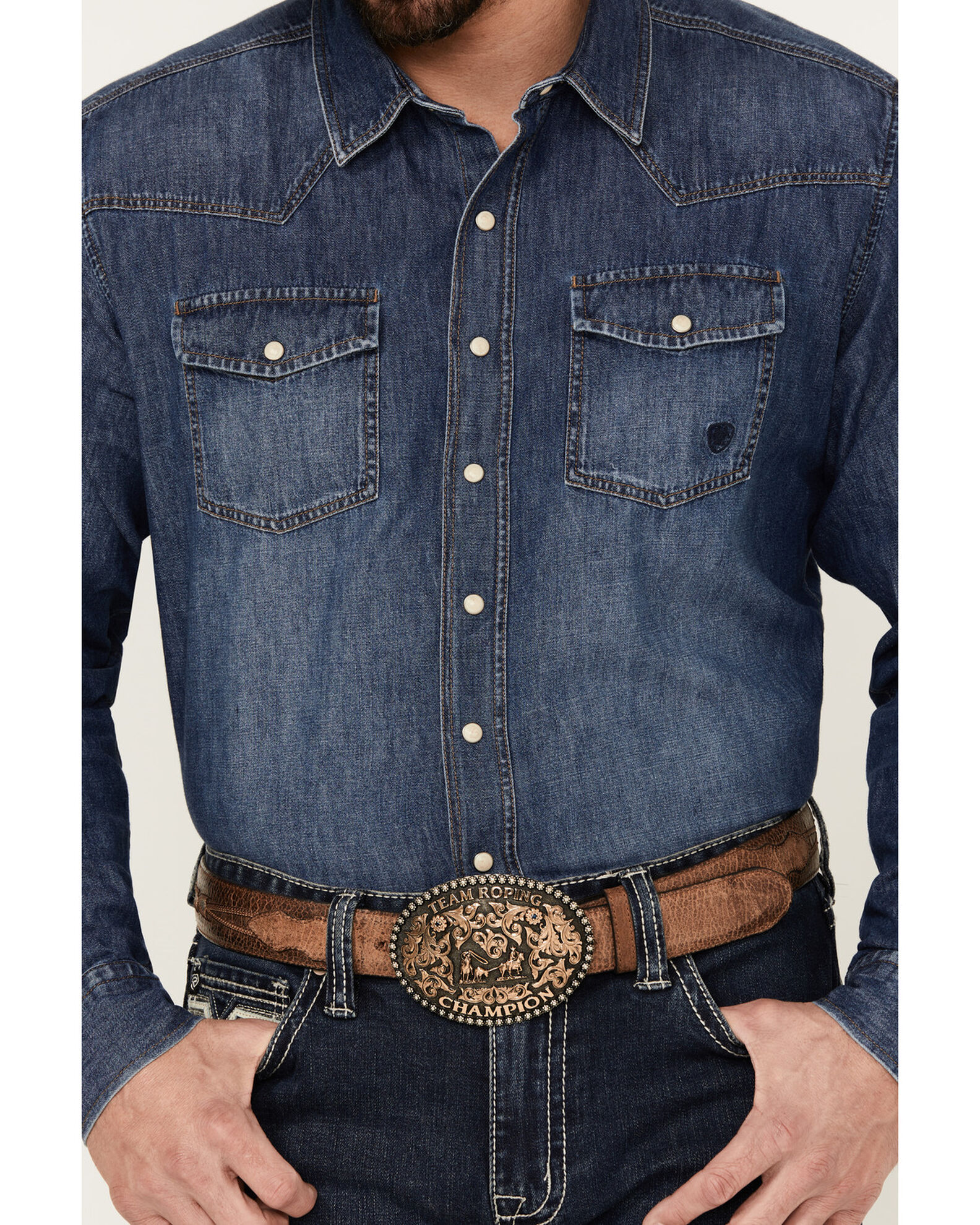 Image #3 - Ariat Men's Retro Stone Washed Denim Long Sleeve Western Shirt, Blue, hi-res