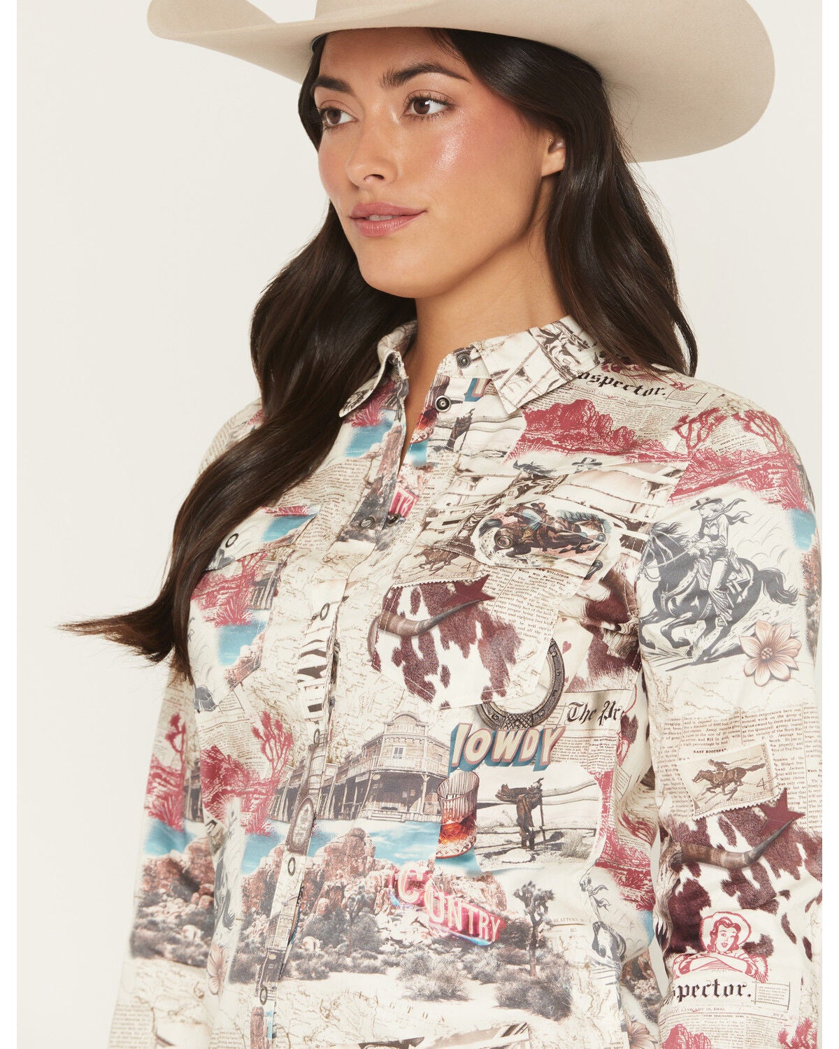 Image #2 - Shyanne Women's Spiritdance Conversational Print Long Sleeve Snap Stretch Western Shirt, Cream, hi-res