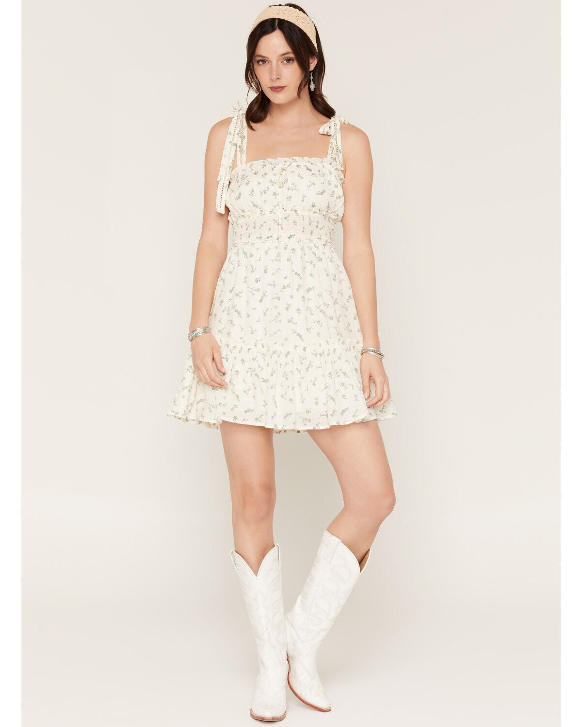 Ash & Violet Women's Floral Print Sleeveless Bow Strap Mini Dress, Ivory, hi-res