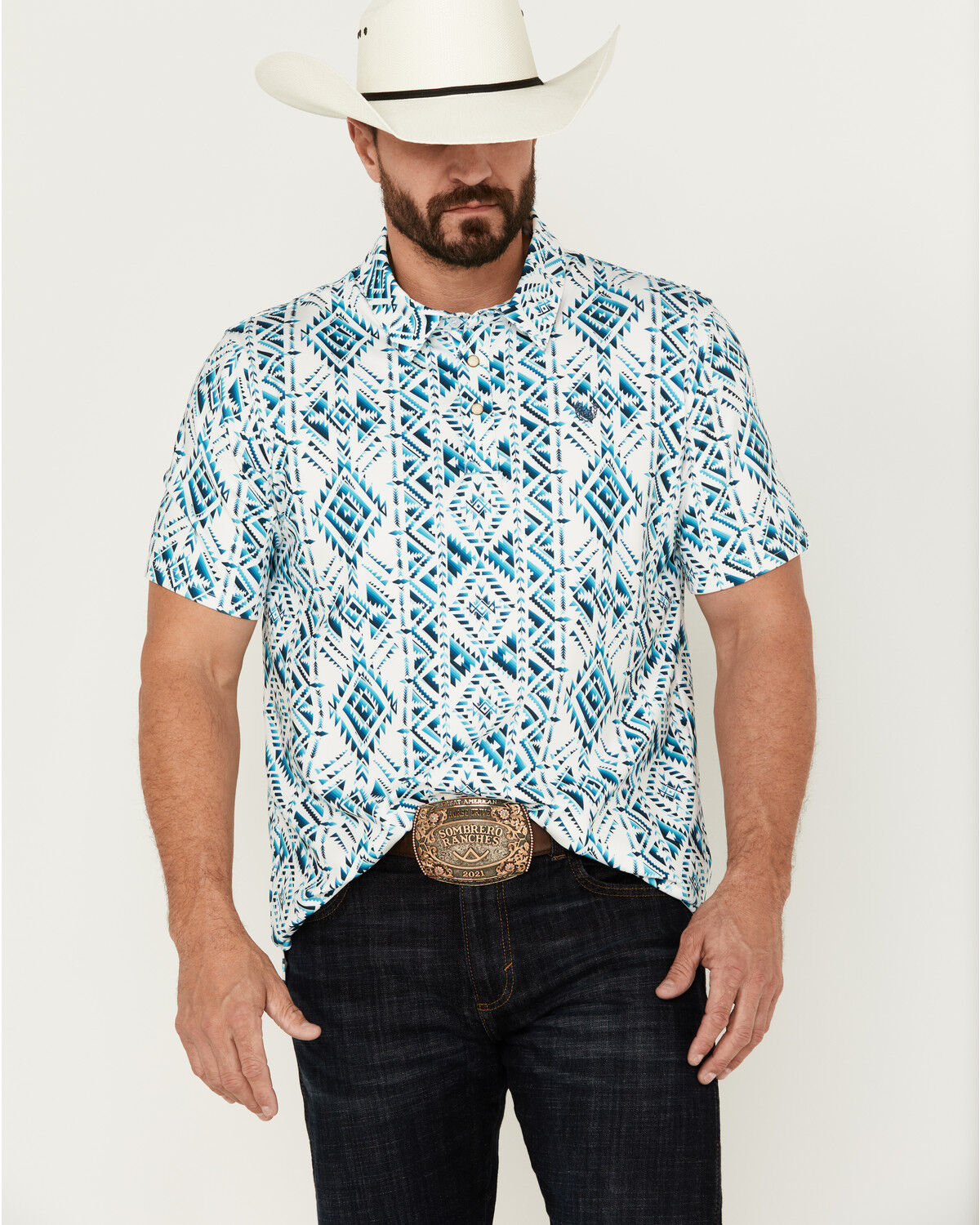 Image #1 - Panhandle Men's Southwestern Print Short Sleeve Performance Polo Shirt, White, hi-res