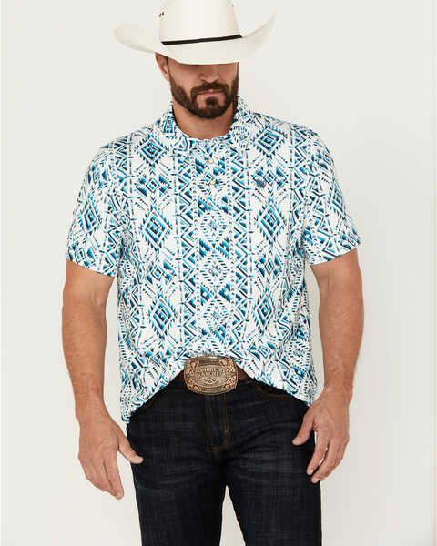 Image #1 - Panhandle Men's Southwestern Print Short Sleeve Performance Polo Shirt , White, hi-res