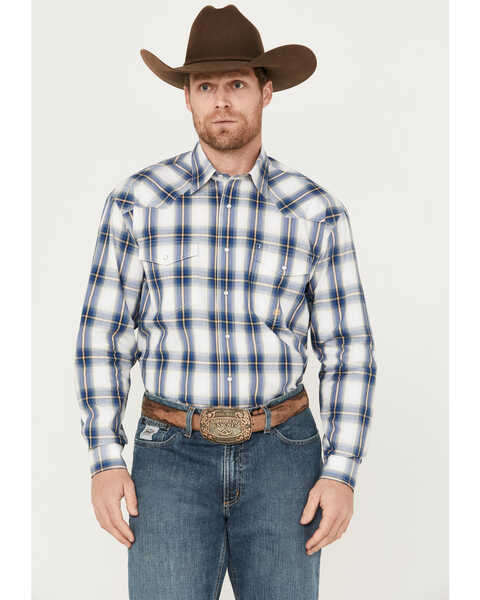 Roper Men's Amarillo Plaid Print Long Sleeve Western Pearl Snap Shirt, Blue, hi-res