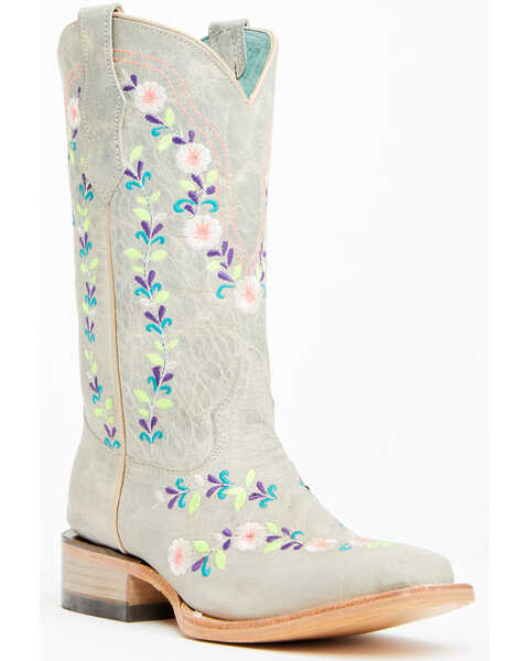 Image #1 - Corral Girls' Floral Embroidered Blacklight Western Boots - Square Toe , Light Pink, hi-res