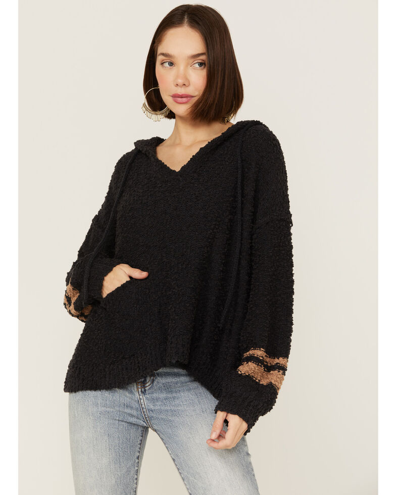 POL Women's Cream Stripe Sweater Hoodie, Charcoal, hi-res