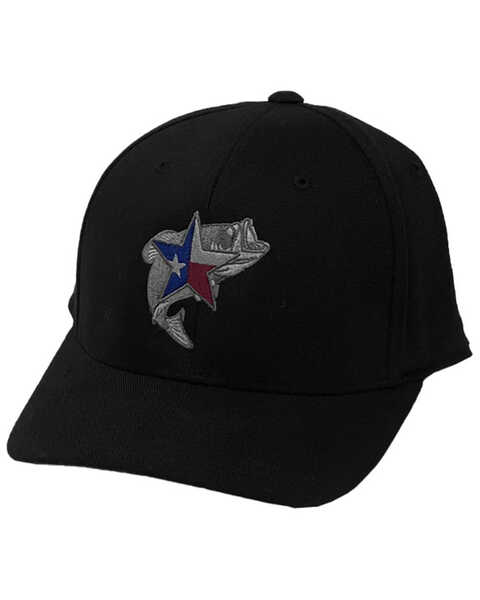 Image #1 - Oil Field Hats Men's Texas Flag Bass Embroidered Ball Cap , Black, hi-res