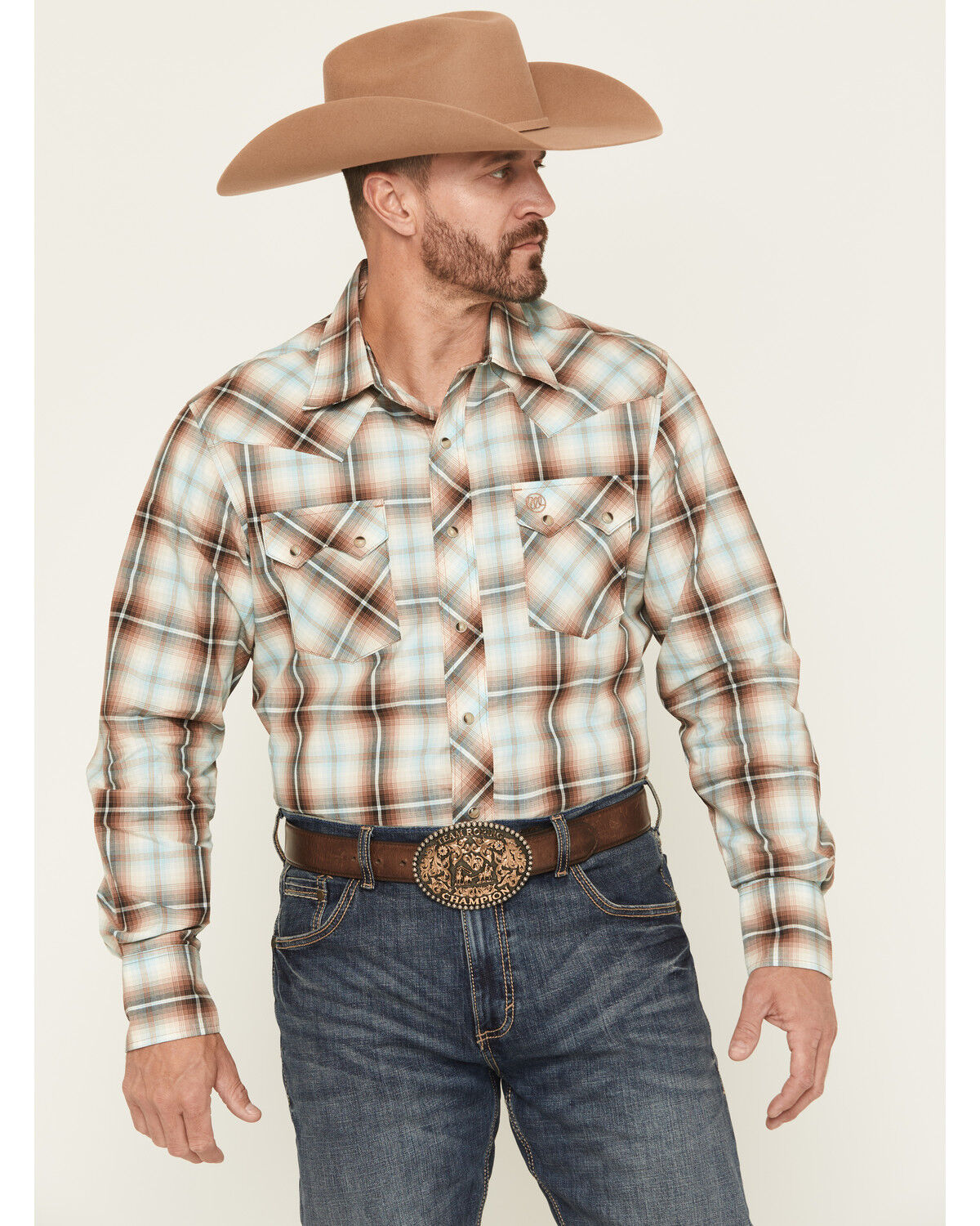 Image #1 - Wrangler Retro Men's Plaid Print Long Sleeve Snap Western Shirt, Brown, hi-res