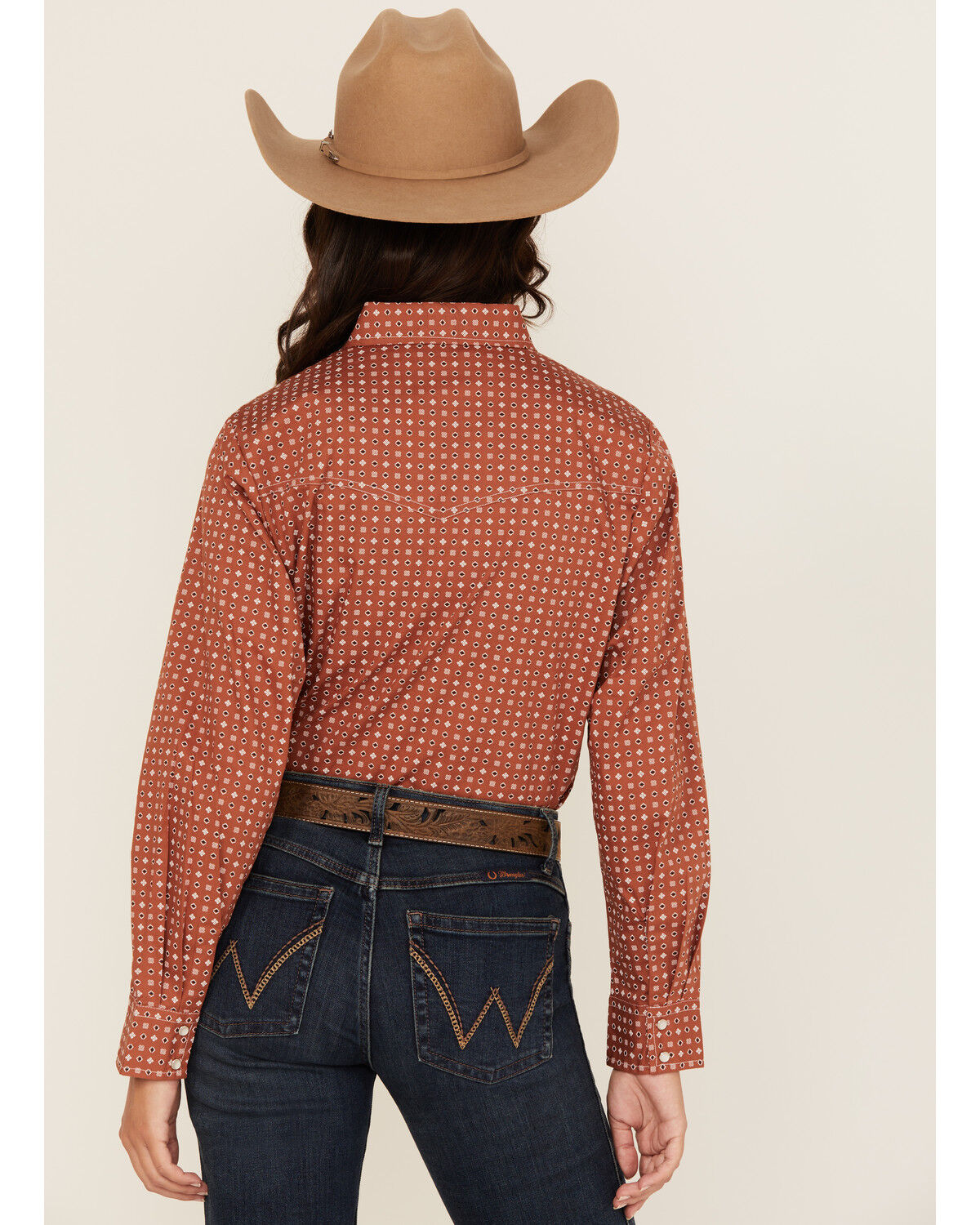 Image #4 - Ely Walker Women's Geo Print Long Sleeve Snap Stretch Western Shirt, Rust Copper, hi-res