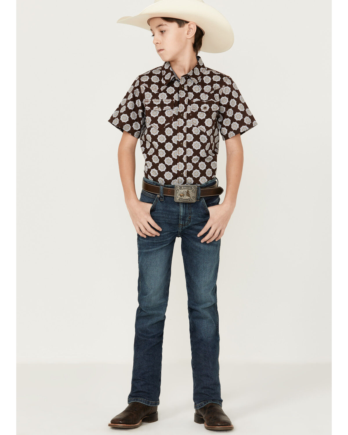 Image #2 - Cody James Boys' Medallion Print Short Sleeve Snap Western Shirt, Multi, hi-res