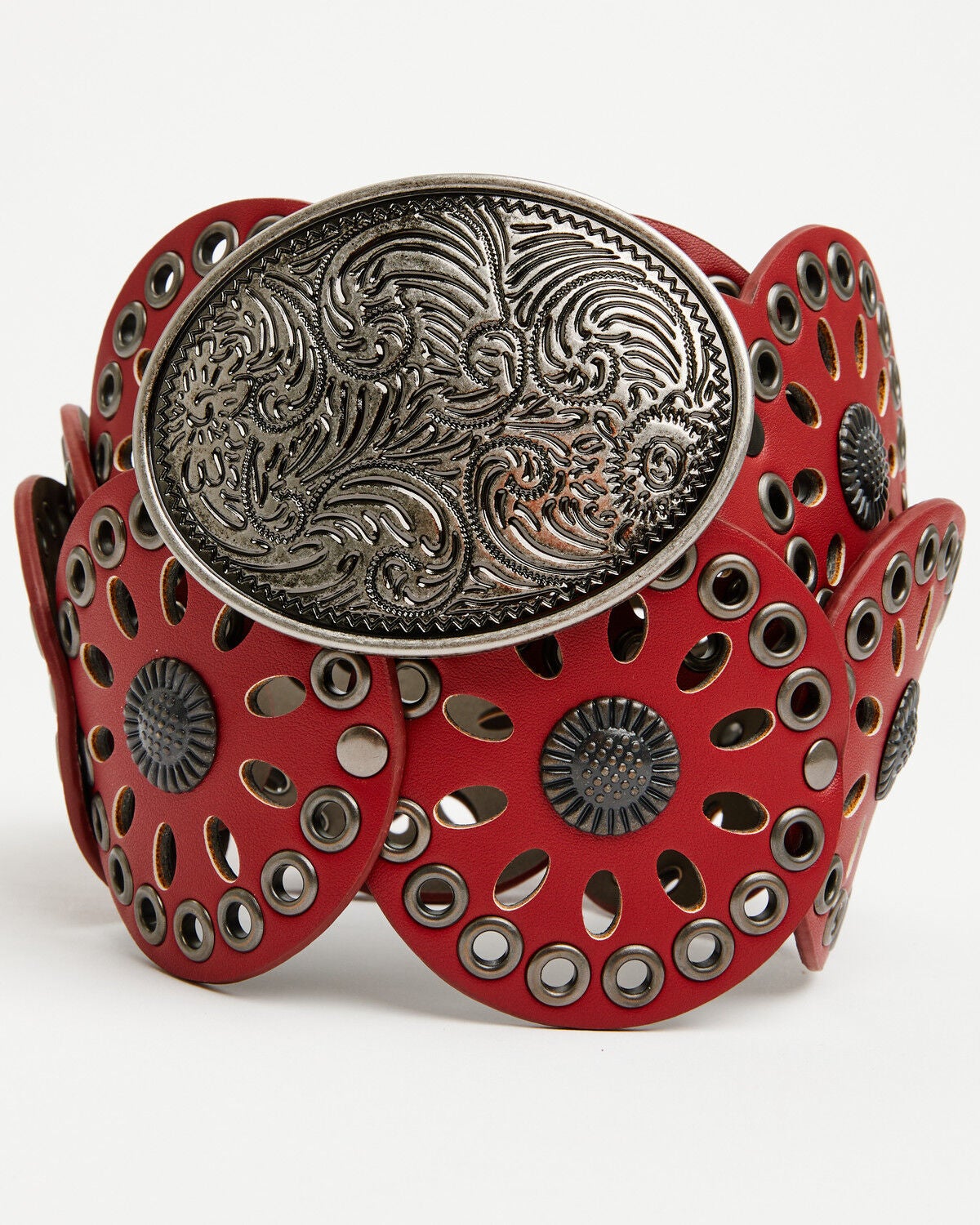 Shyanne Women's Round Concho Belt, Red, hi-res