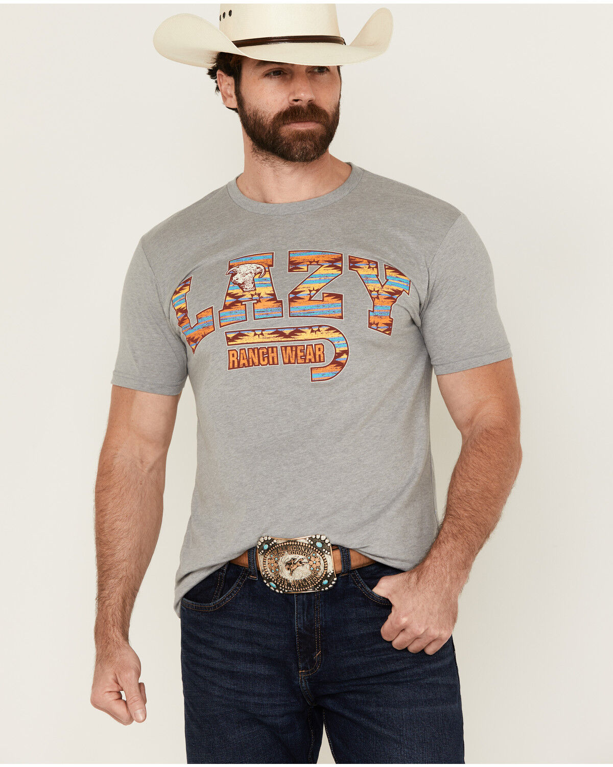 Image #1 - Lazy J Ranch Wear Men's Southwestern Fill Logo Short Sleeve Graphic T-Shirt, Grey, hi-res