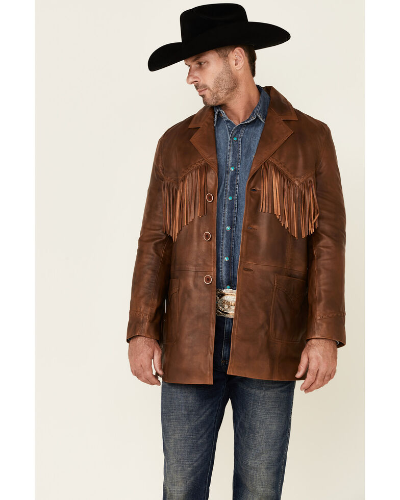 Cripple Creek Men's Vintage Brown Nappa Fringe Button-Front Western Blazer , Brown, hi-res