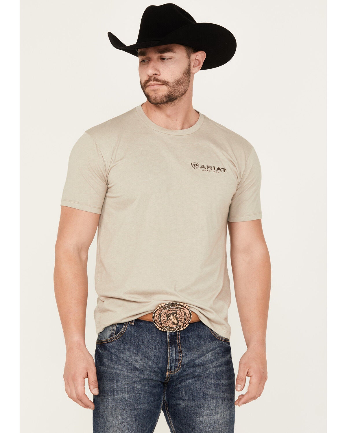 Image #1 - Ariat Men's Boot Barn Exclusive Zuni Flag Logo Short Sleeve Graphic T-Shirt, Tan, hi-res