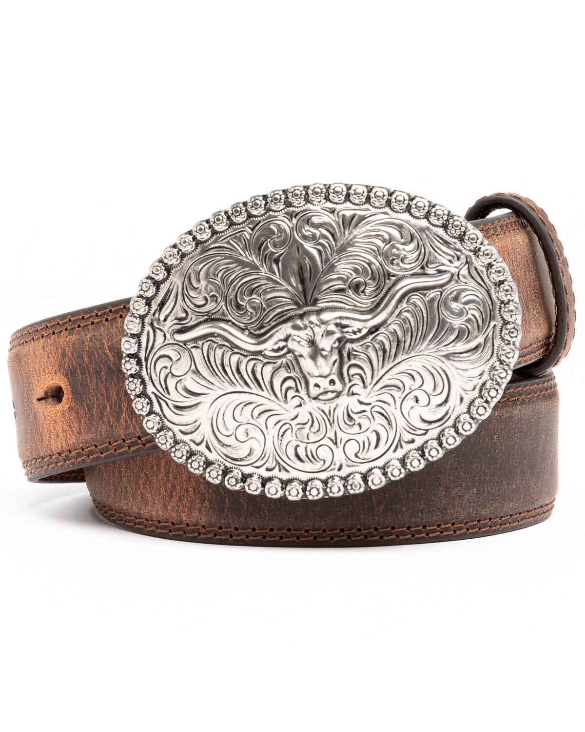 Cody James Boys' Longhorn Plaque Buckle Belt, Brown, hi-res