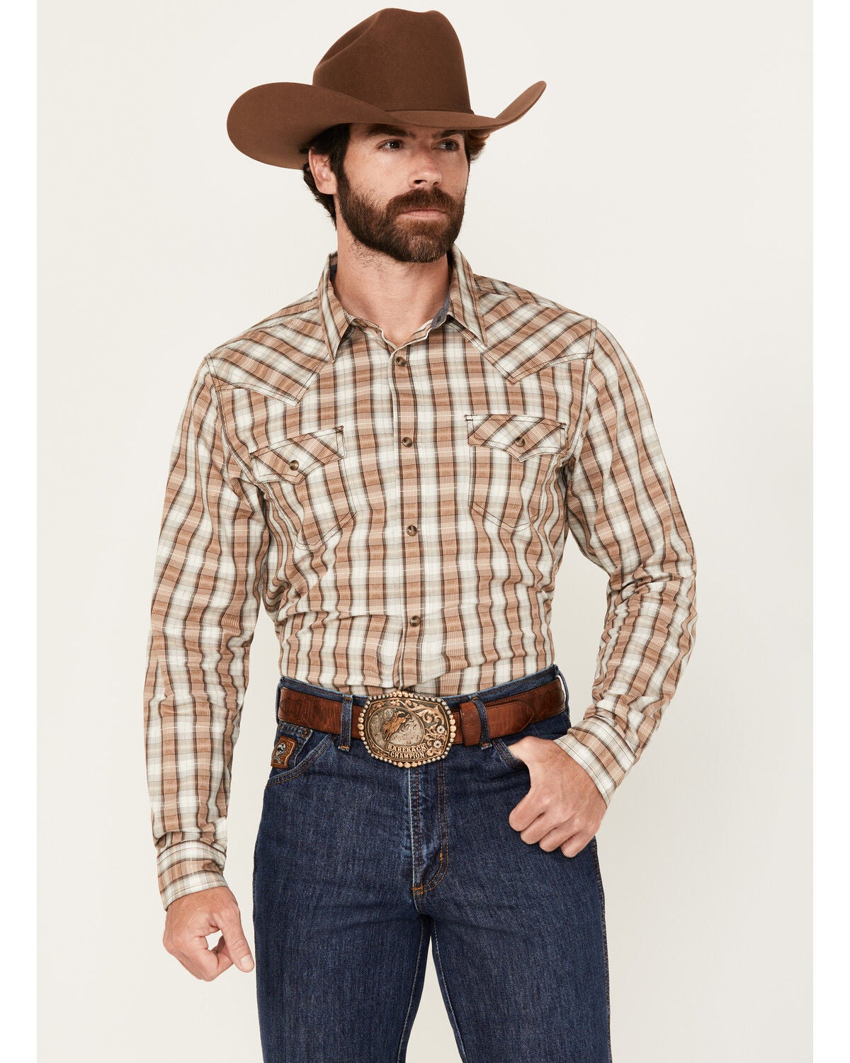 Image #1 - Cody James Men's Buck Off Plaid Print Long Sleeve Snap Western Shirt, Brown, hi-res