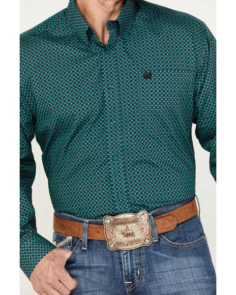Cinch Men's Medallion Geo Print Long Sleeve Button-Down Western Shirt, Teal, hi-res