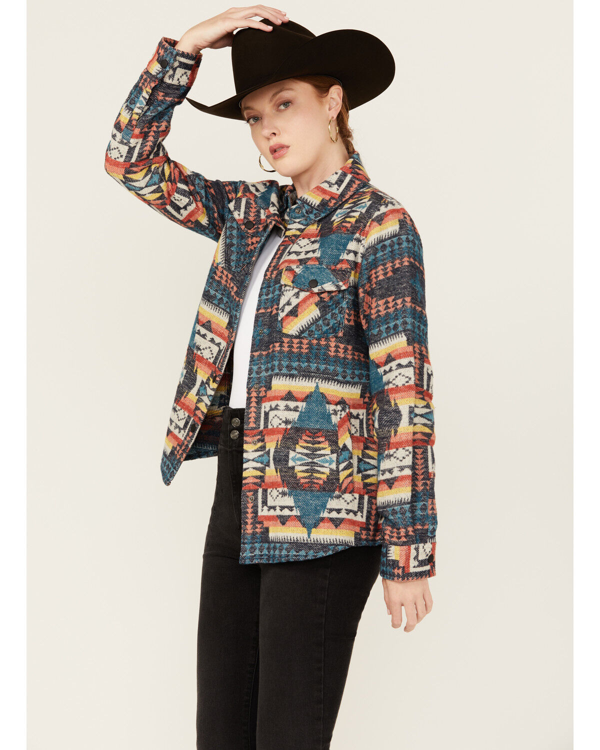 Image #2 - Rock & Roll Denim Women's Southwestern Print Snap Shacket, Teal, hi-res