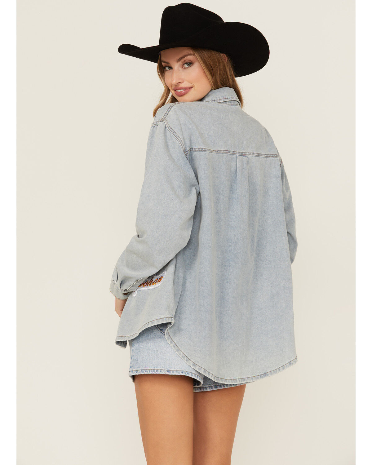 Image #4 - Blue B Women's Light Wash Denim Western Patchwork Long Sleeve Button-Down Western Shirt, Light Wash, hi-res