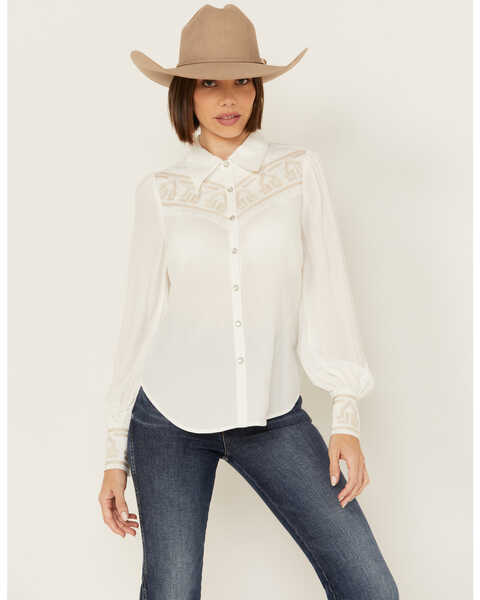 Shyanne Women's Embroidered Long Sleeve Pearl Snap Western Shirt , White, hi-res