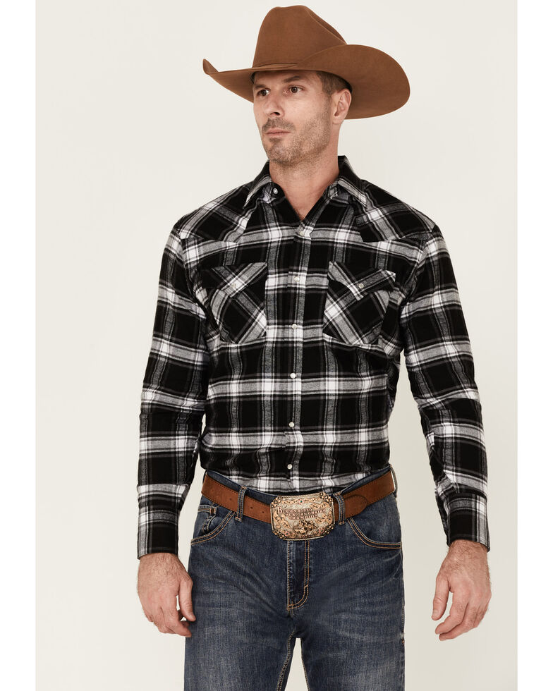 Ely Walker Men's Black Small Plaid Long Sleeve Snap Western Flannel Shirt , Black, hi-res