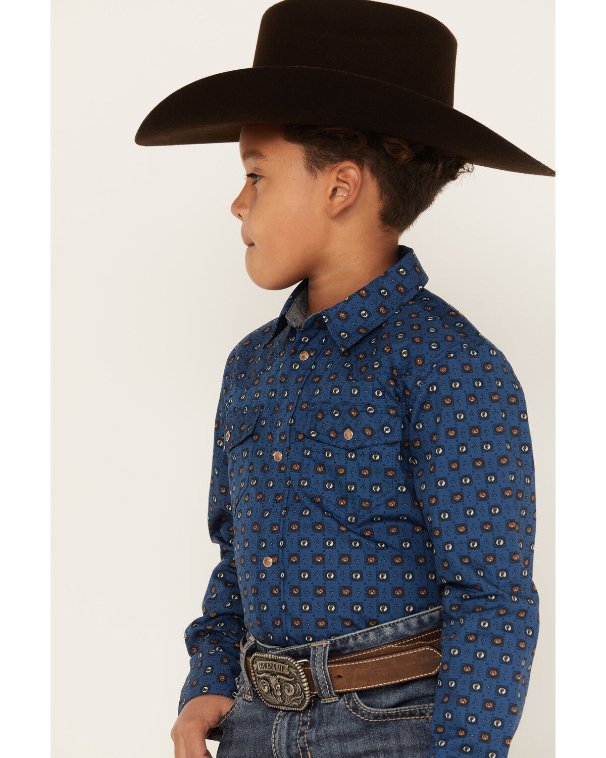 Image #2 - Cody James Boys' Prime Time Geo Print Long Sleeve Western Snap Shirt, Dark Blue, hi-res