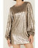 Image #4 - Rock & Roll Denim Women's Sequin Puff Long Sleeve Mini Dress, Gold, hi-res