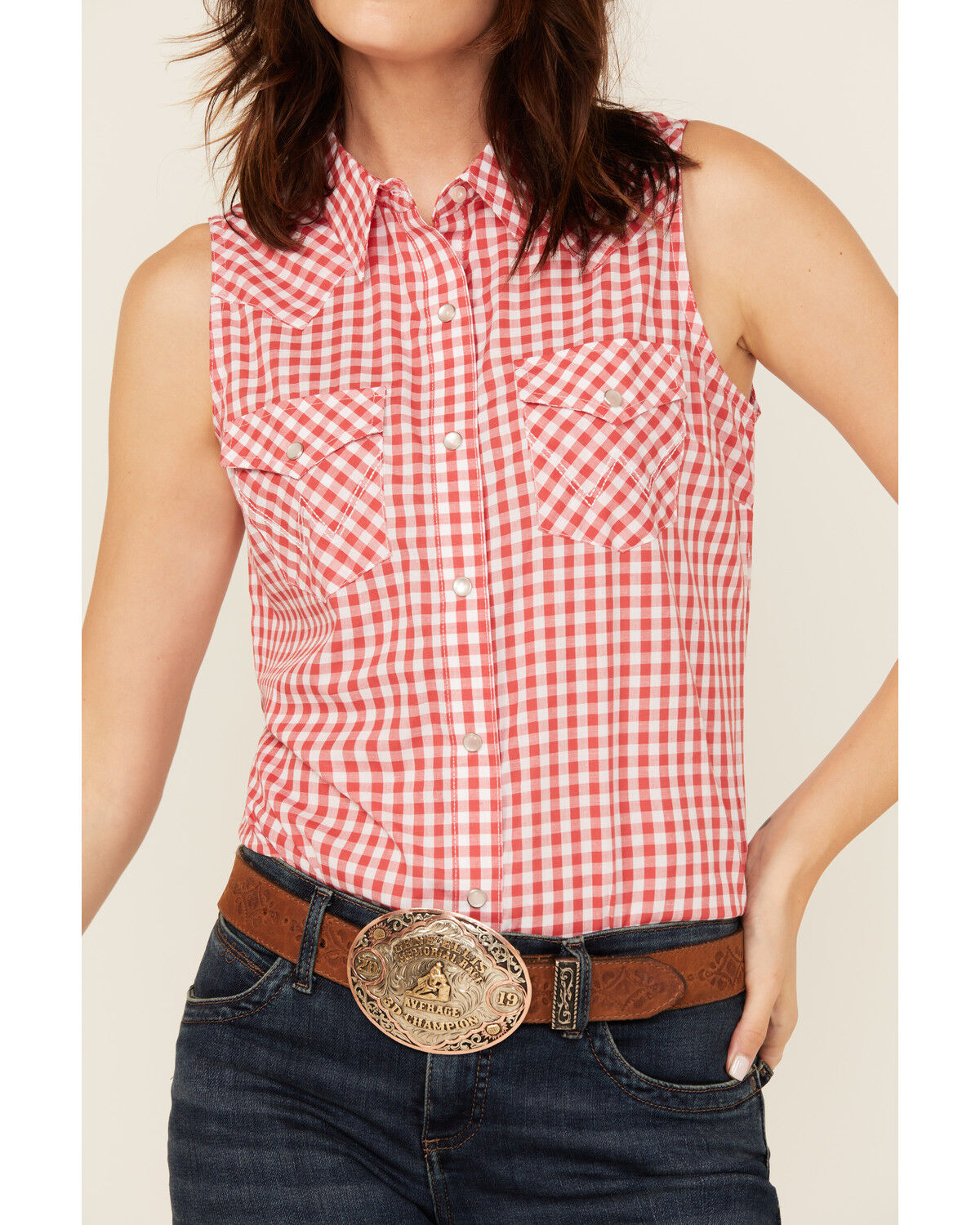 Image #3 - Wrangler Retro Women's Gingham Print Sleeveless Pearl Snap Western Shirt, Red, hi-res