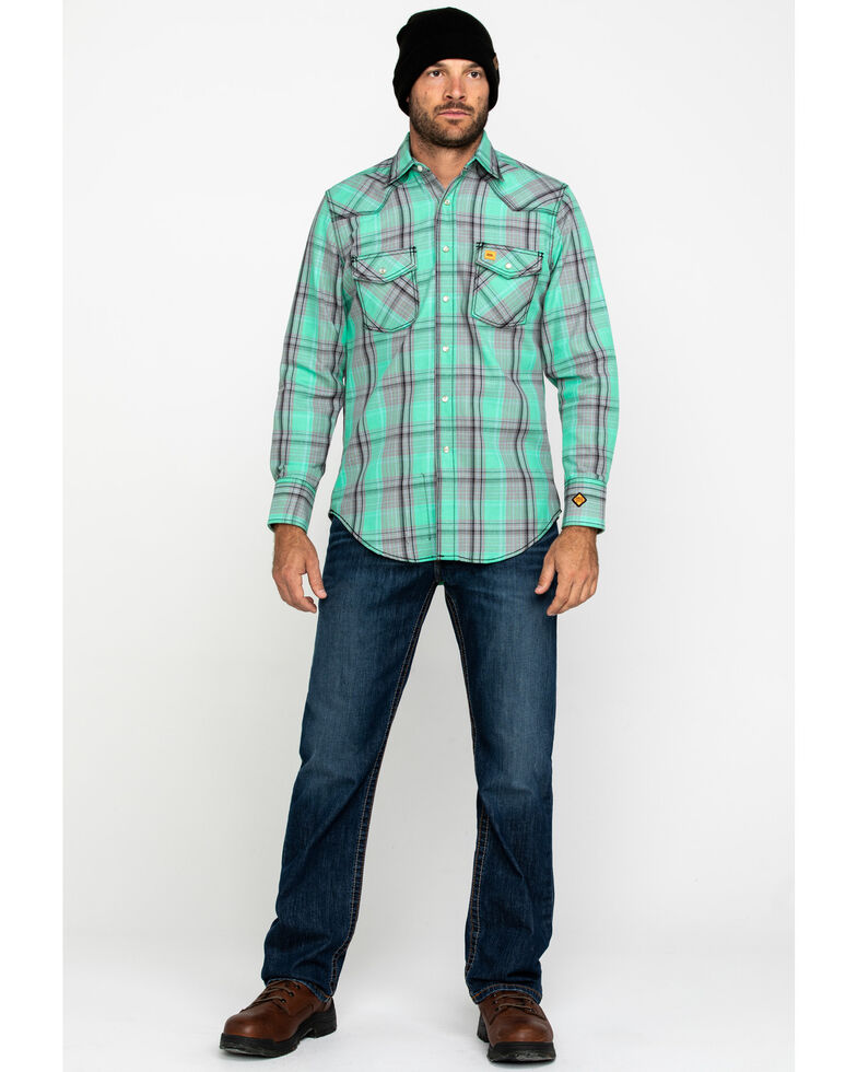 Wrangler 20x Men S Fr Green Plaid Long Sleeve Work Shirt Tall Sheplers The prewashed cotton denim has a comfortable feel and fit. sheplers