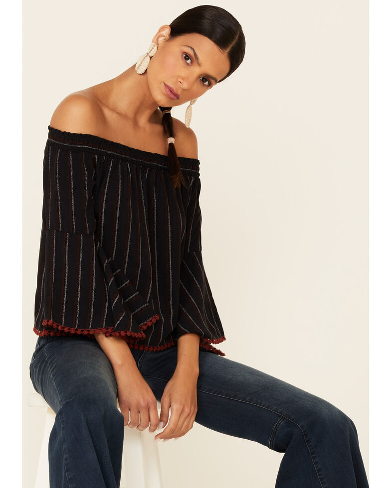 Shyanne Women's Black & Rust Stripe Off-Shoulder Long Sleeve Top, Black, hi-res