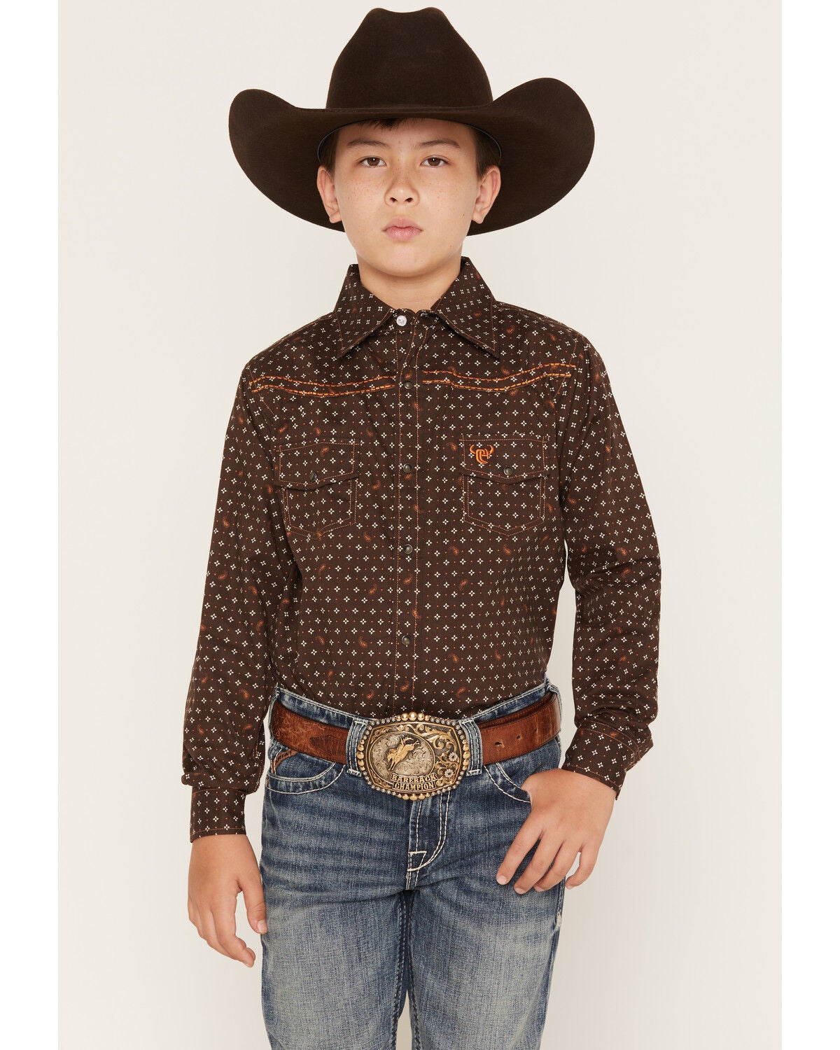 Cowboy Hardware Boys' Geo Print Long Sleeve Snap Western Shirt, Brown, hi-res
