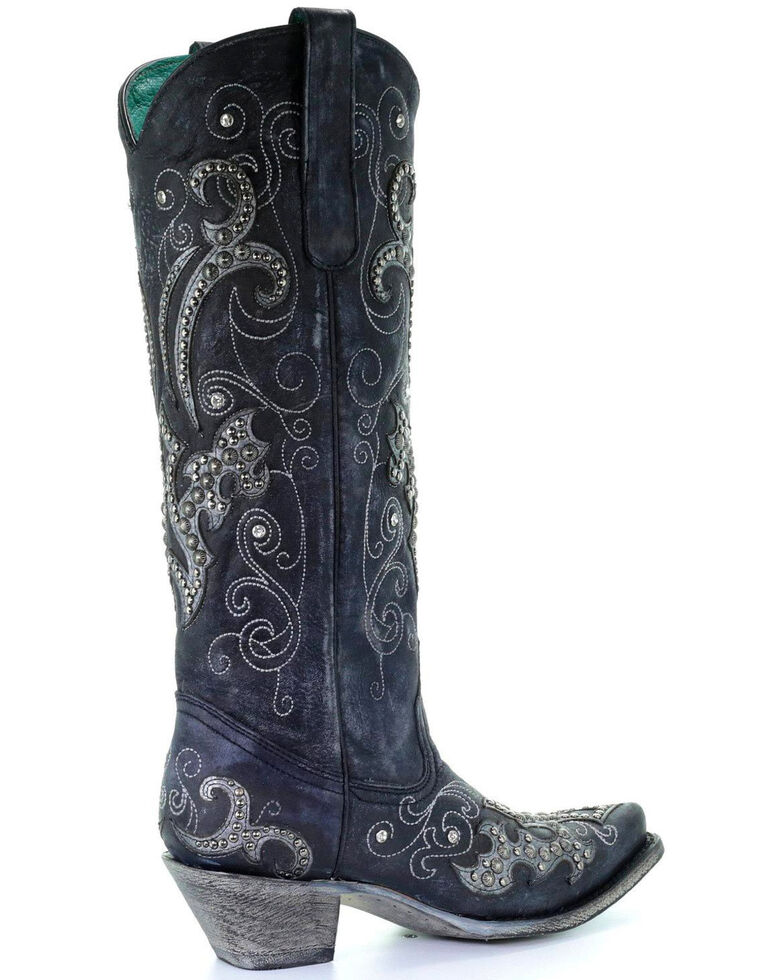 Corral Women's Tall Studded Overlay & Crystals Cowgirl Boots - Snip Toe, Black, hi-res