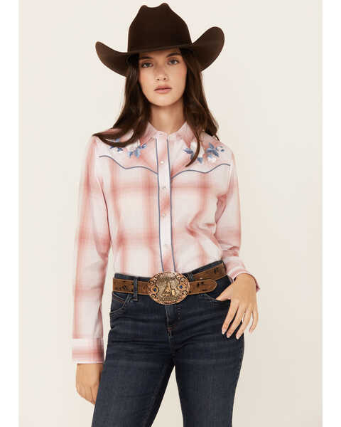 Image #1 - Ely Walker Women's Floral Embroidered Plaid Print Long Sleeve Pearl Snap Western Shirt, Rust Copper, hi-res