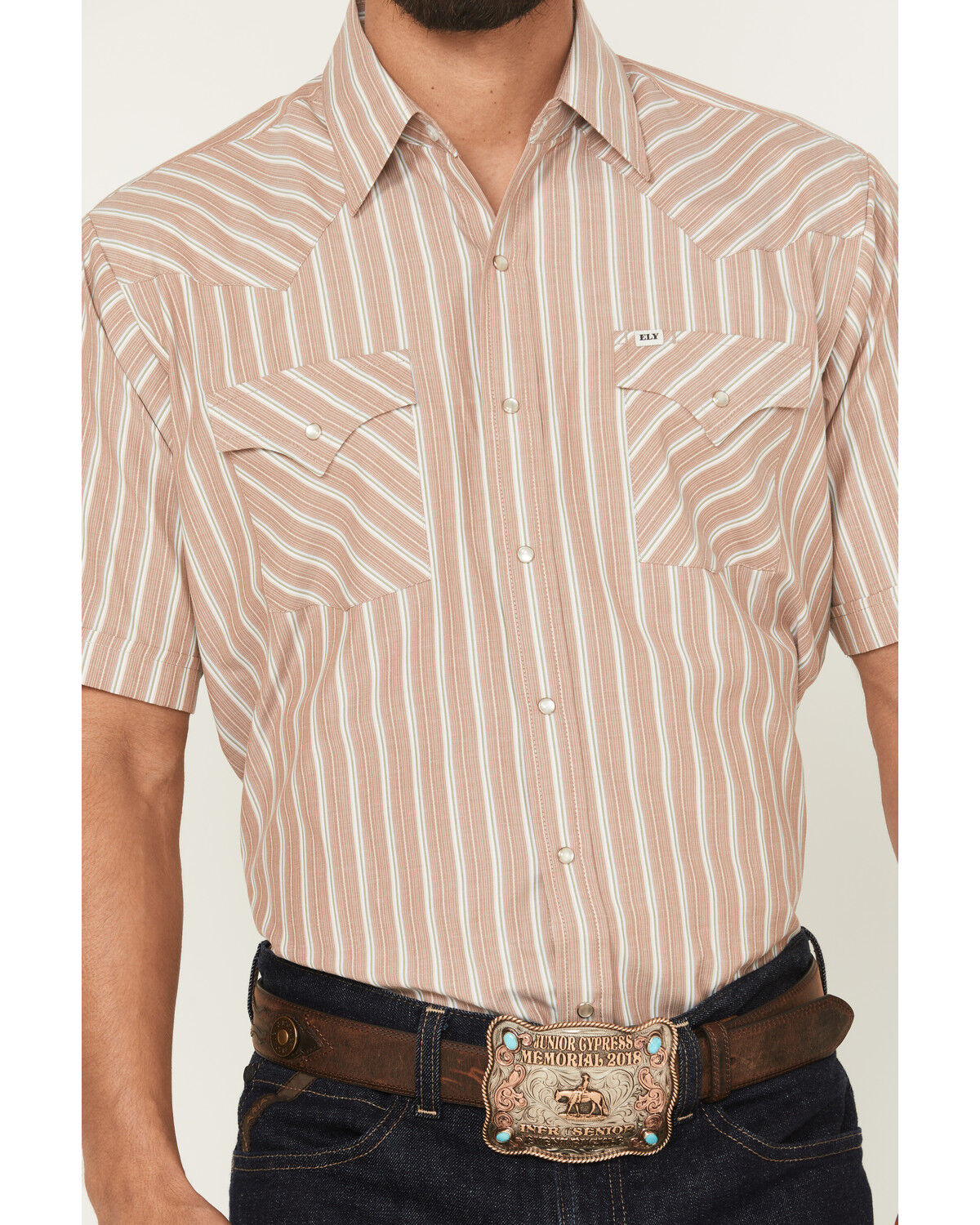Image #3 - Ely Walker Men's Striped Short Sleeve Pearl Snap Western Shirt, Tan, hi-res