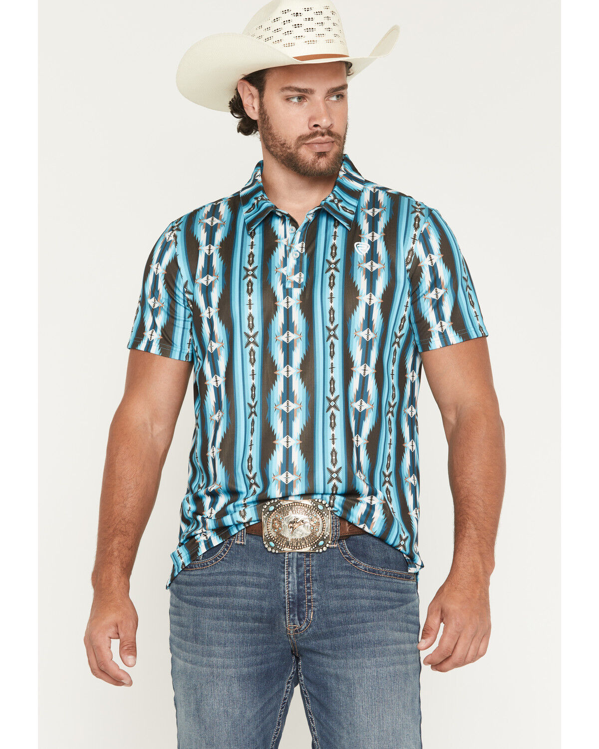Image #1 - Rock & Roll Denim Men's Southwestern Stripe Short Sleeve Button-Down Stretch Polo Shirt, Teal, hi-res