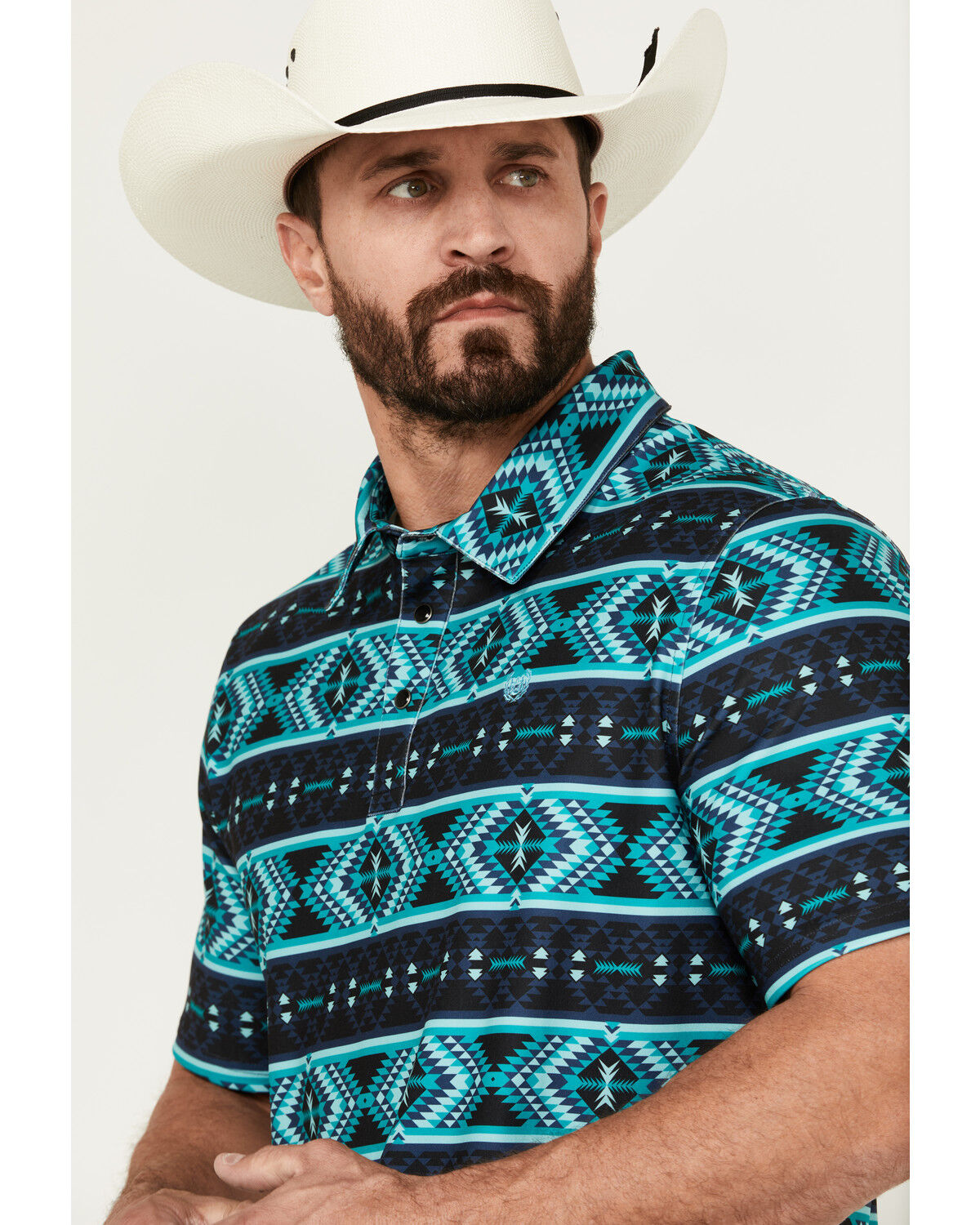Image #2 - Panhandle Men's Southwestern Print Short Sleeve Performance Polo Shirt, Turquoise, hi-res