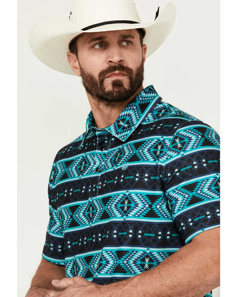 Image #2 - Panhandle Men's Southwestern Print Short Sleeve Performance Polo Shirt , Turquoise, hi-res