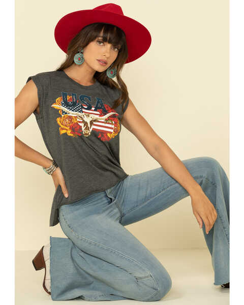 Rodeo Quincy Women's Charcoal USA Steer Graphic Muscle Tee , Charcoal, hi-res