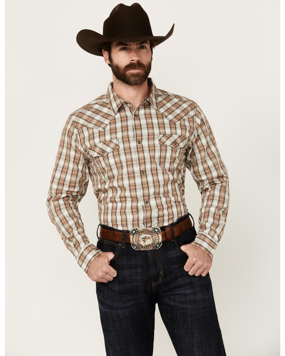 Image #2 - Cody James Men's Last Hurdle Plaid Print Long Sleeve Button-Down Stretch Western Shirt, Ivory, hi-res