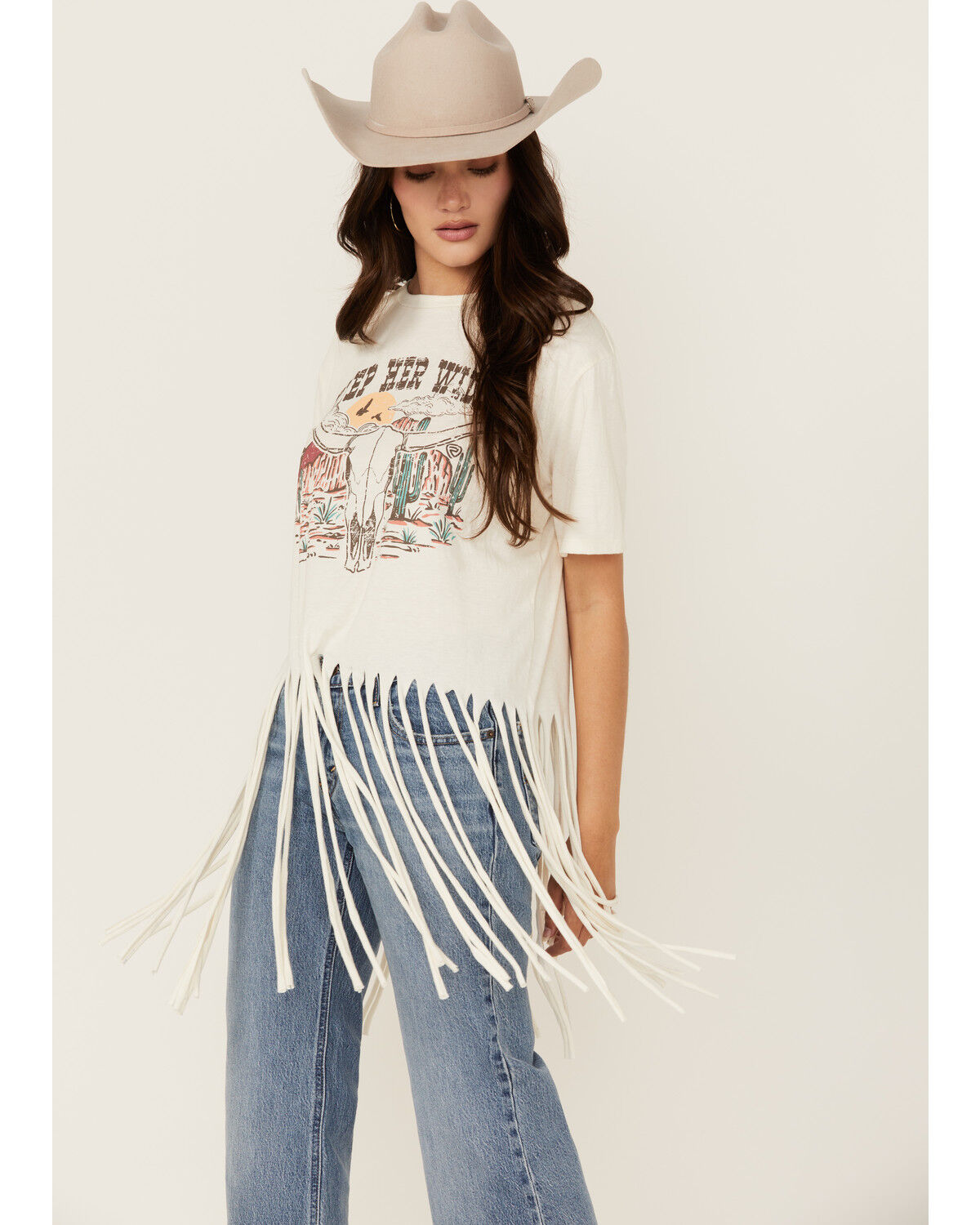 Image #1 - Rock & Roll Denim Women's Keep Her Wild Short Sleeve Fringe Graphic Tee, Cream, hi-res