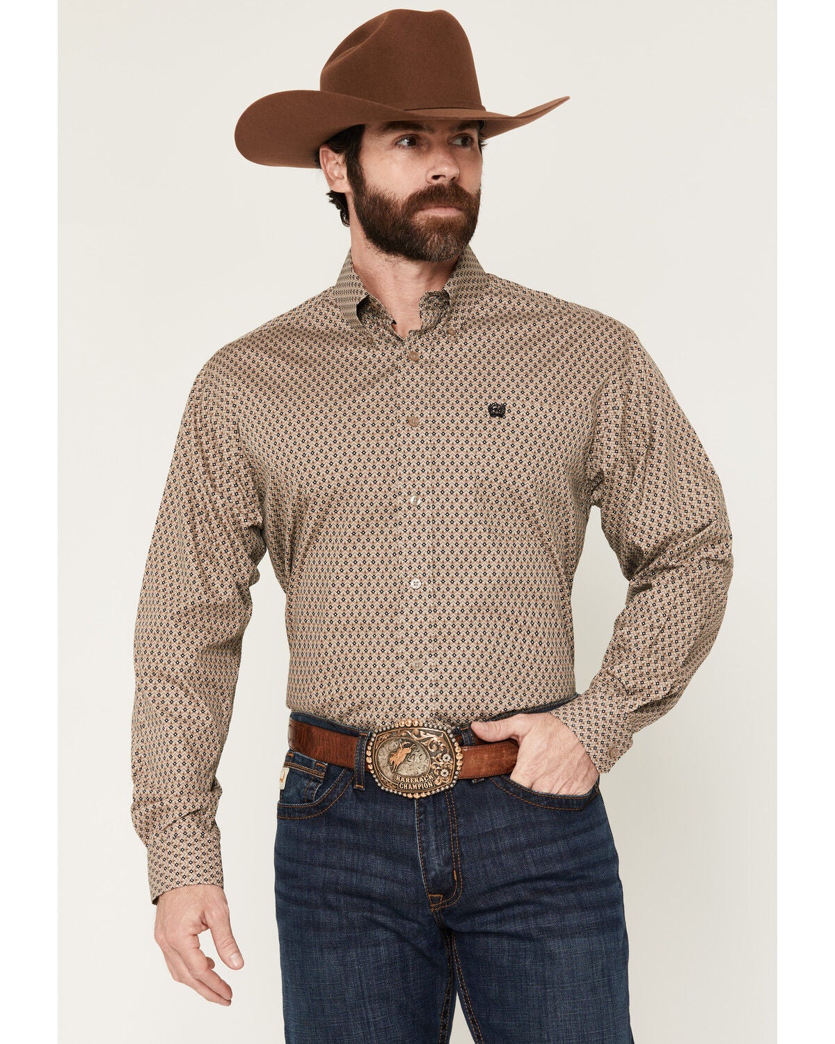 Image #1 - Cinch Men's Geo Print Long Sleeve Button-Down Western Shirt, Khaki, hi-res