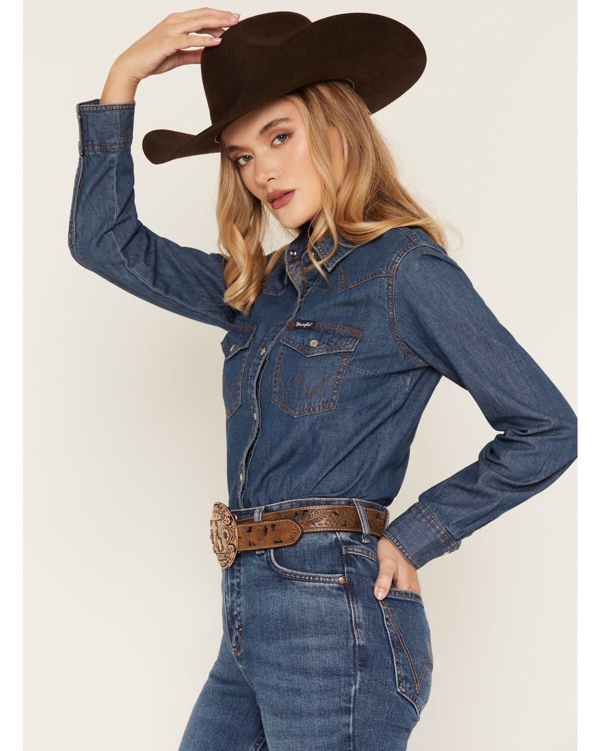 Image #2 - Wrangler Women's Dark Wash Long Sleeve Pearl Snap Denim Western Shirt, Blue, hi-res