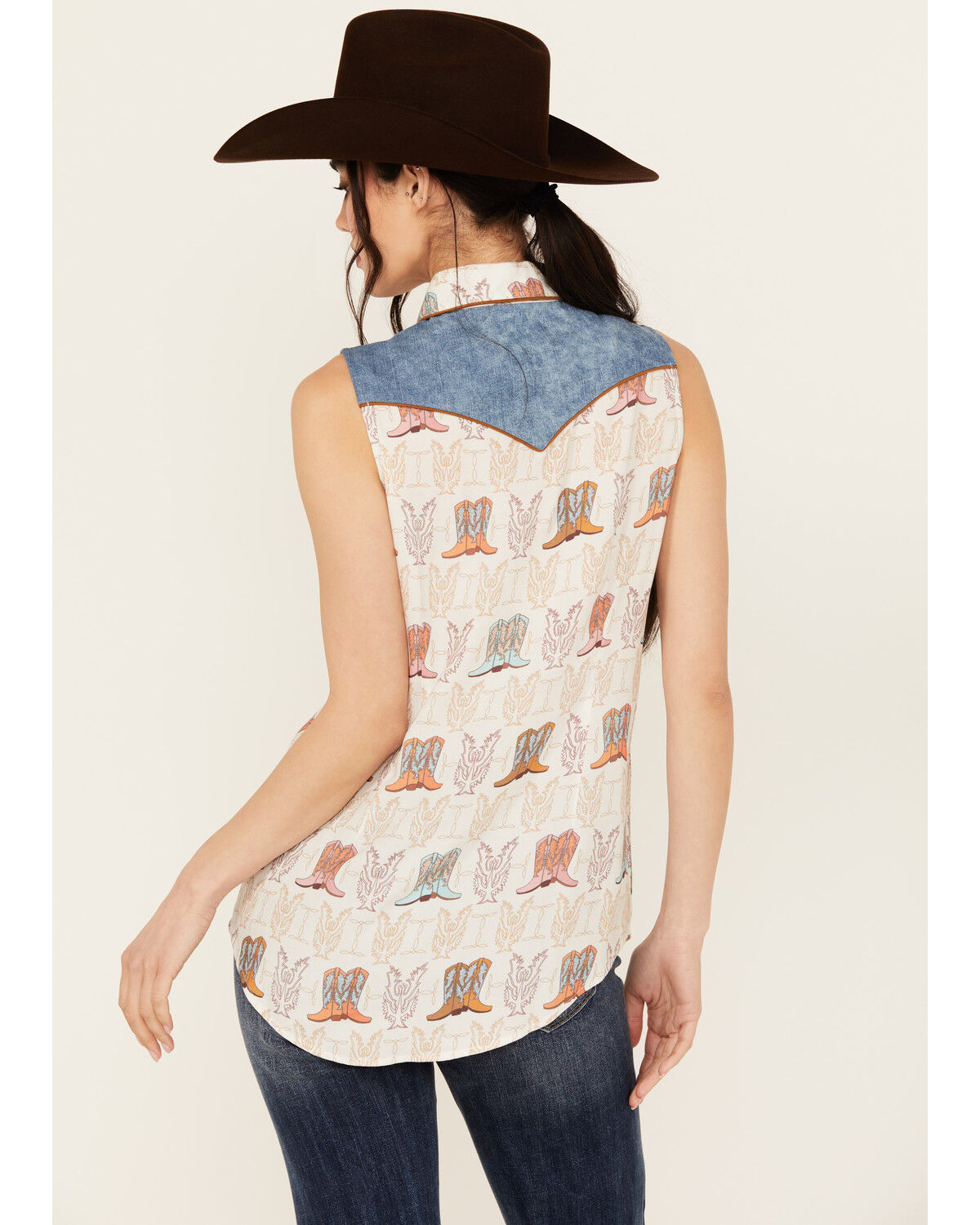 Image #4 - Panhandle Women's Boot Print Sleeveless Pearl Snap Western Shirt, Cream, hi-res