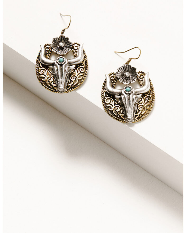 Shyanne Women's Silver & Turquoise Longhorn Earrings, Silver, hi-res
