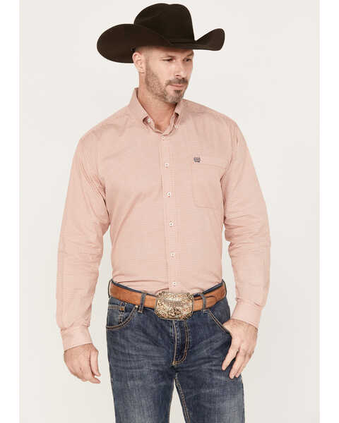 Cinch Men's Geo Print Button-Down Long Sleeve Western Shirt, Orange, hi-res