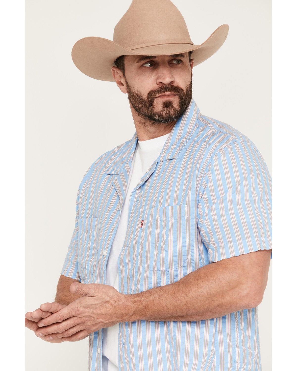 Image #2 - Levi's Men's Jay Classic Camper Striped Short Sleeve Button-Down Western Shirt, Blue, hi-res