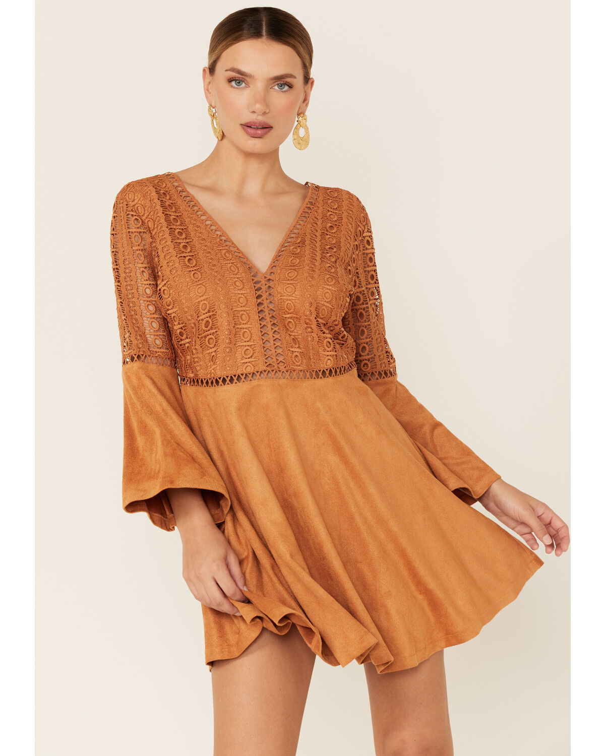 Image #4 - Beyond The Radar Women's Cut-Out Bell Sleeve Mini Dress, Tan, hi-res