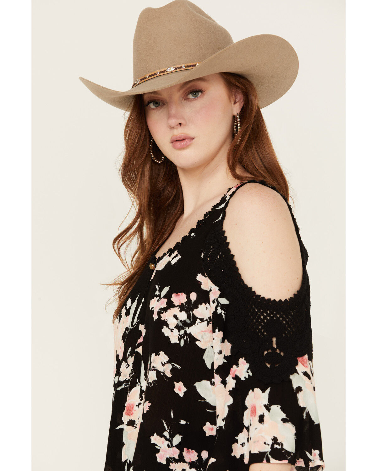 Image #2 - Wild Moss Women's Floral Print Cold Shoulder Top, Black, hi-res