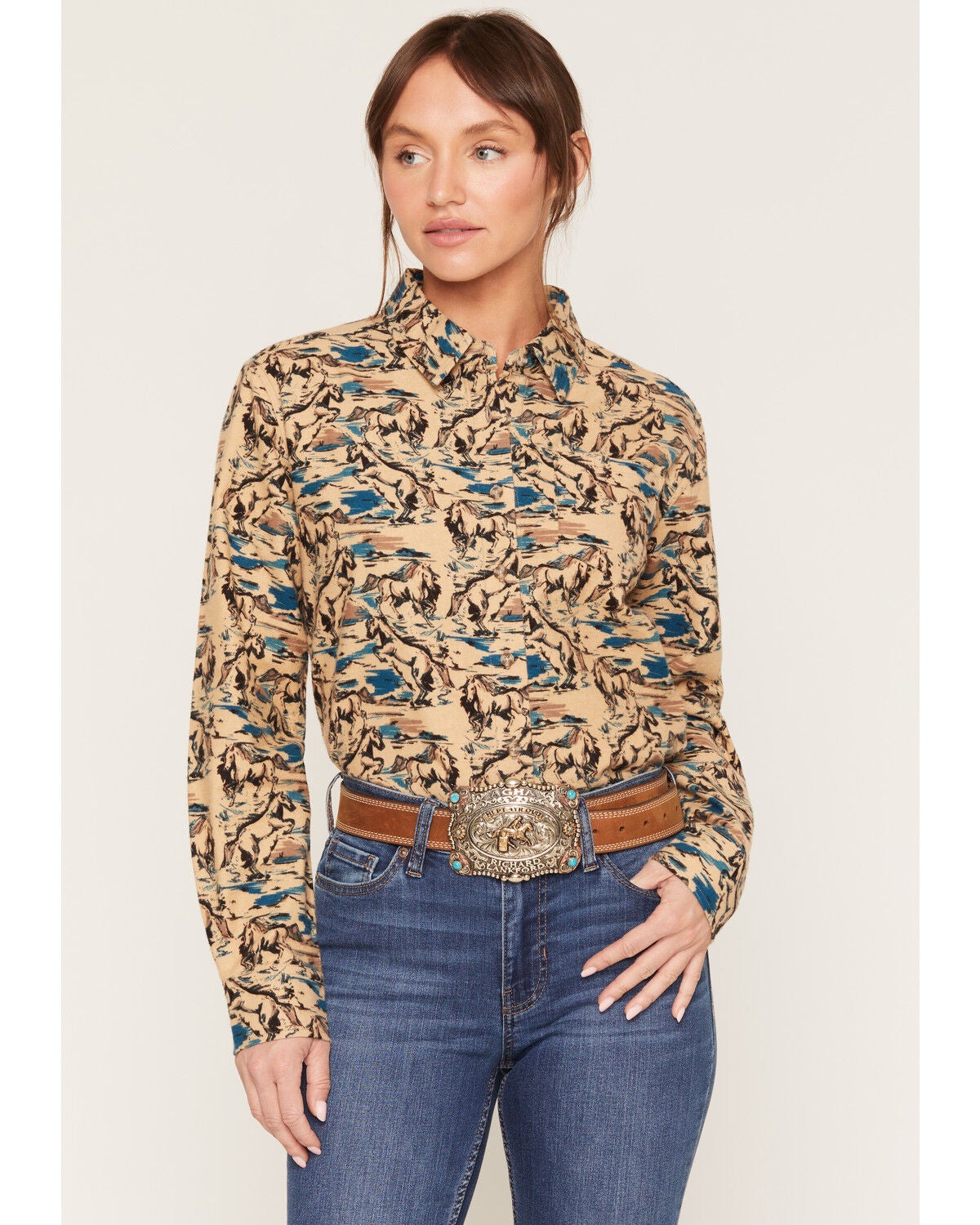 Image #1 - Shyanne Women's Cutler Horse Print Long Sleeve Relaxed Flannel Shirt, Beige, hi-res