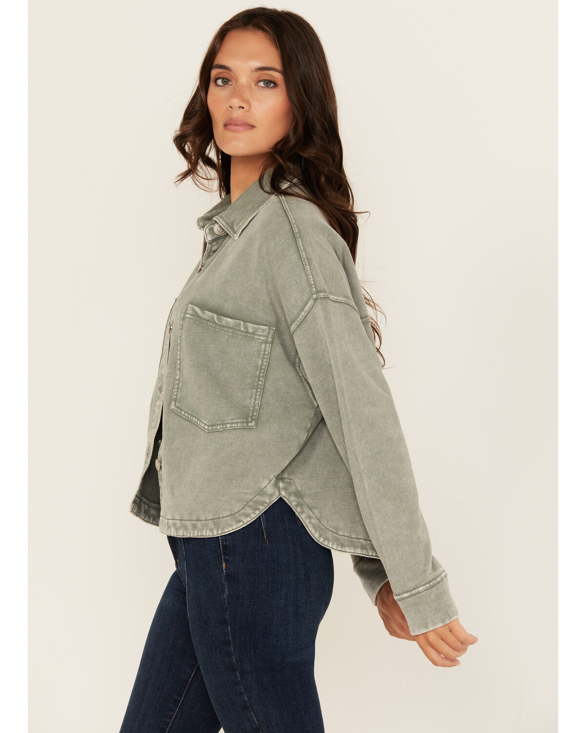 Image #3 - White Crow Women's Washed Cropped Knit Shacket, Green, hi-res