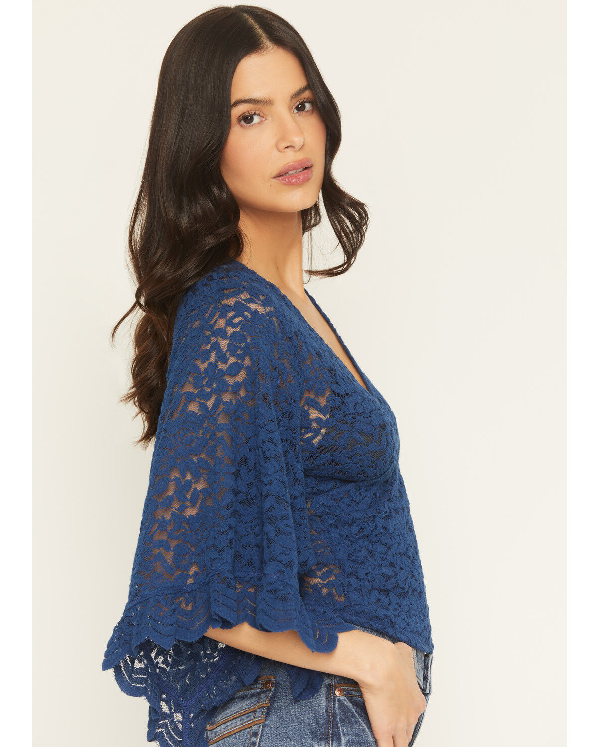 Image #2 - Shyanne Women's Wrap Front Long Sleeve Lace Top, Navy, hi-res