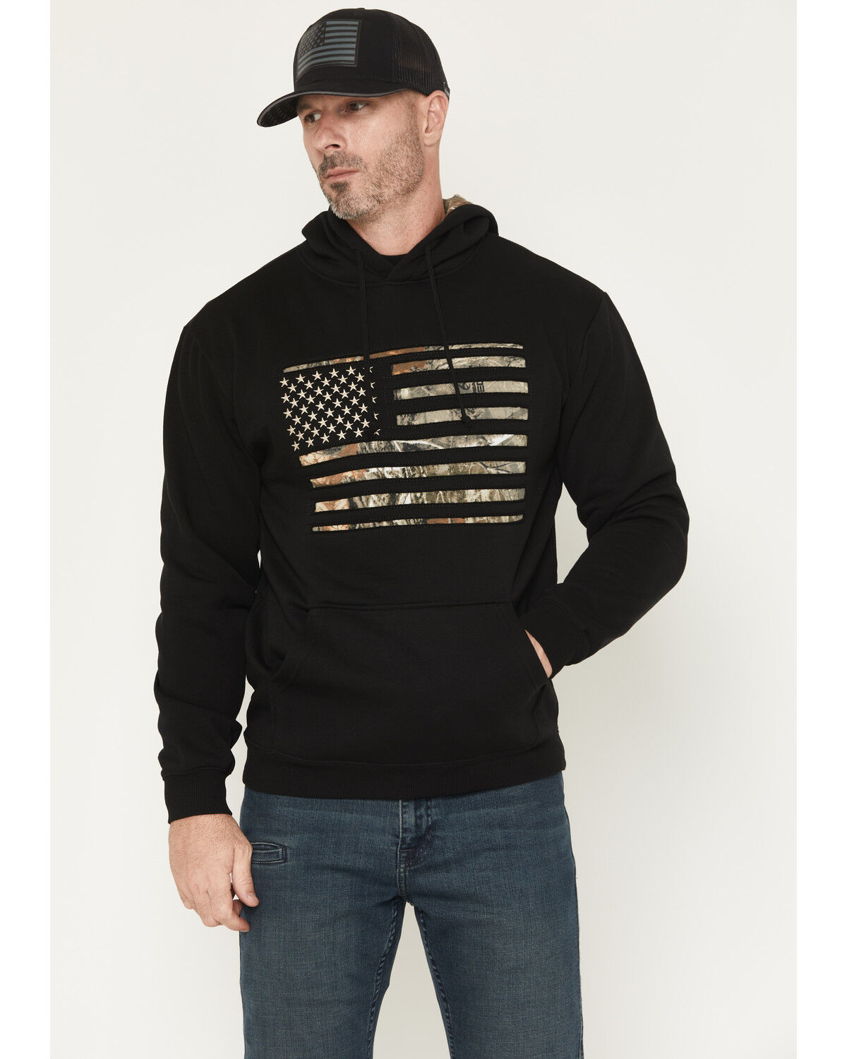 Image #1 - Buckwear Men's Camo Stars & Stripes Patriotic Hooded Sweatshirt, Black, hi-res